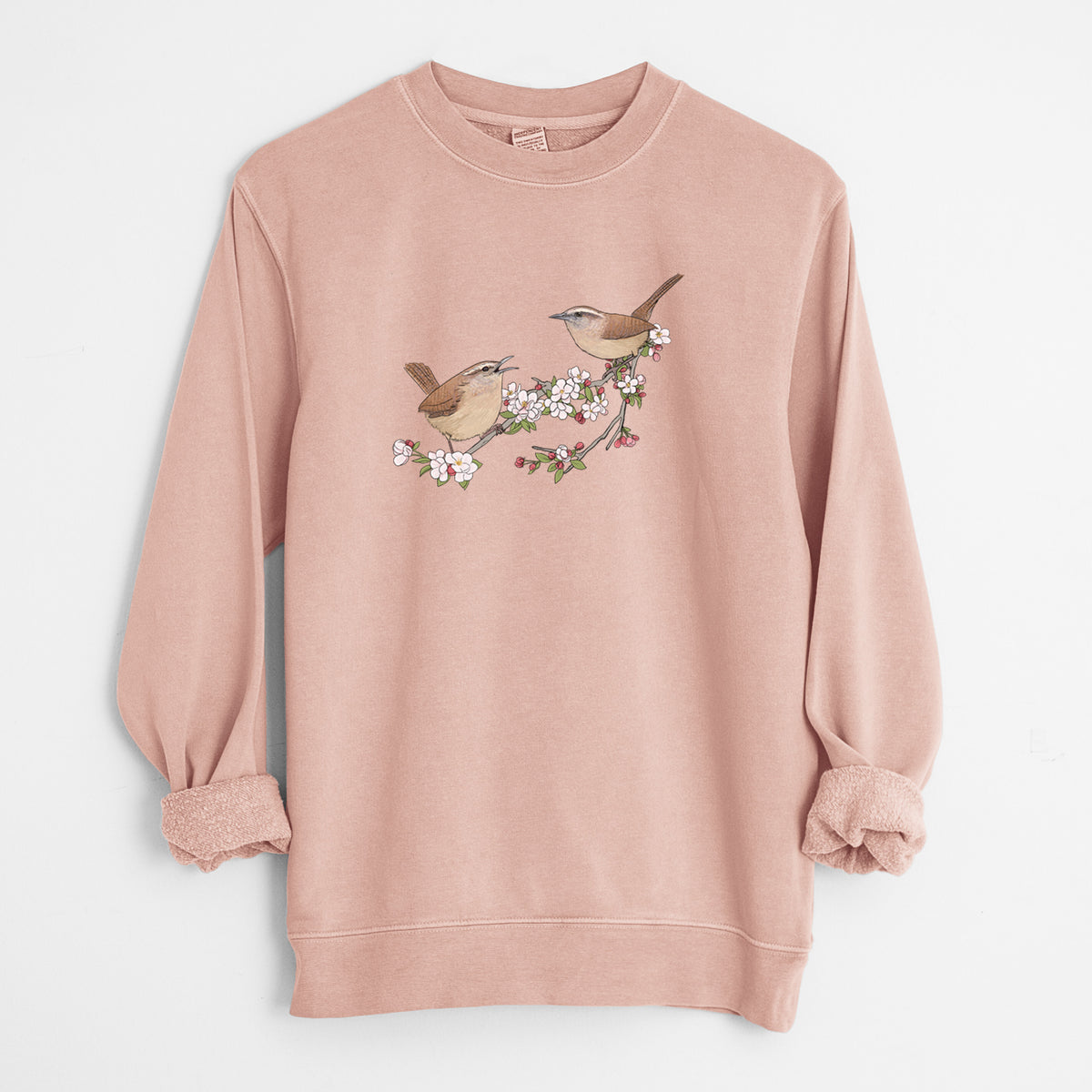 Spring Carolina Wrens on a Blooming Crabtree Branch - Unisex Pigment Dyed Crew Sweatshirt
