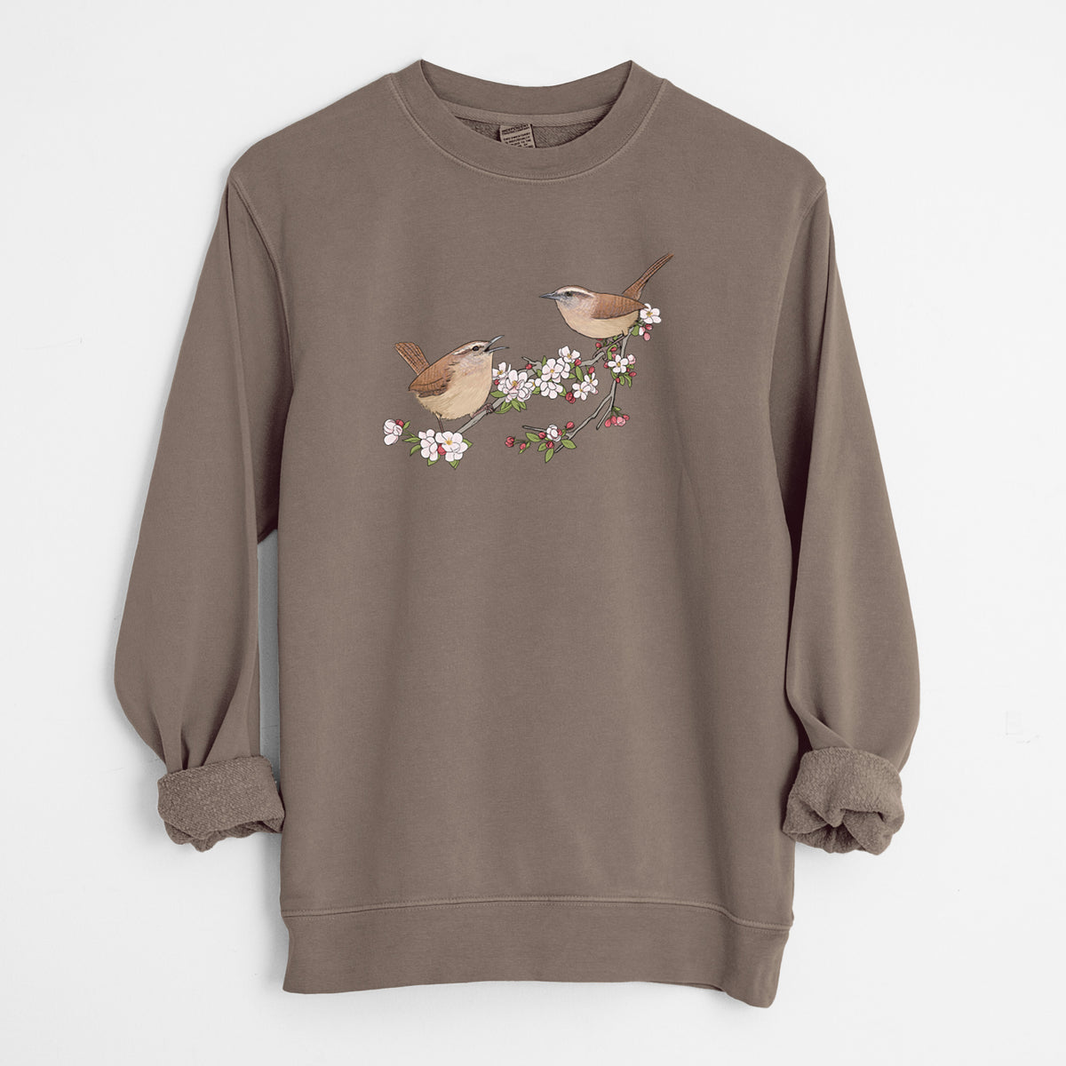 Spring Carolina Wrens on a Blooming Crabtree Branch - Unisex Pigment Dyed Crew Sweatshirt in Espresso