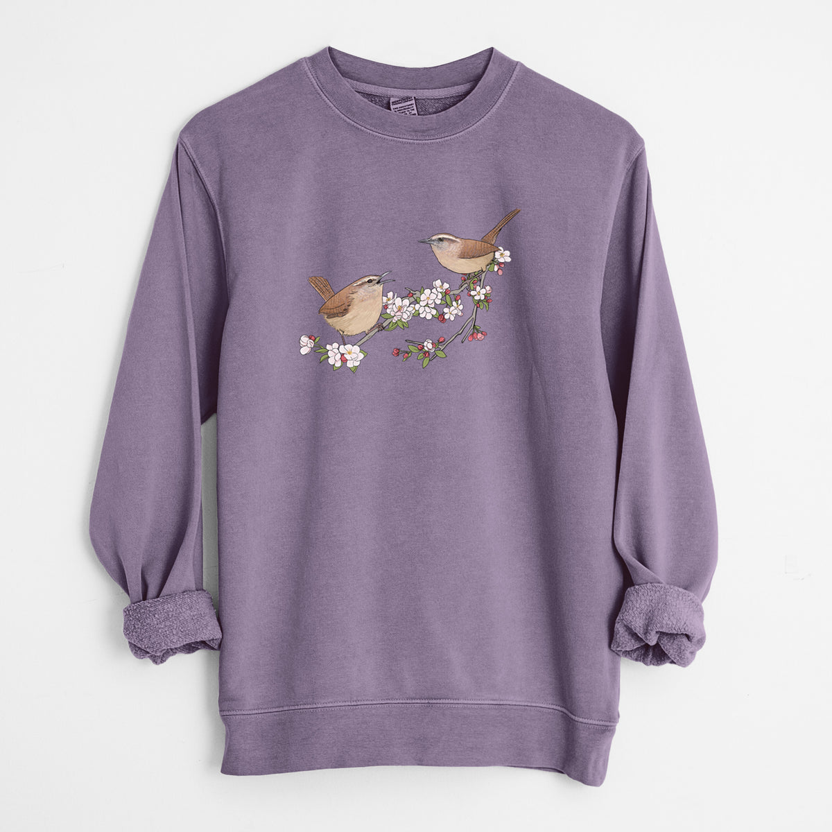 Spring Carolina Wrens on a Blooming Crabtree Branch - Unisex Pigment Dyed Crew Sweatshirt
