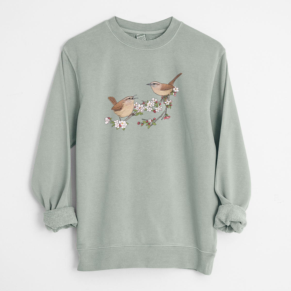 Spring Carolina Wrens on a Blooming Crabtree Branch - Unisex Pigment Dyed Crew Sweatshirt