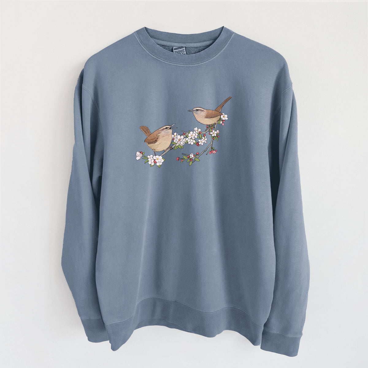 Spring Carolina Wrens on a Blooming Crabtree Branch - Unisex Pigment Dyed Crew Sweatshirt