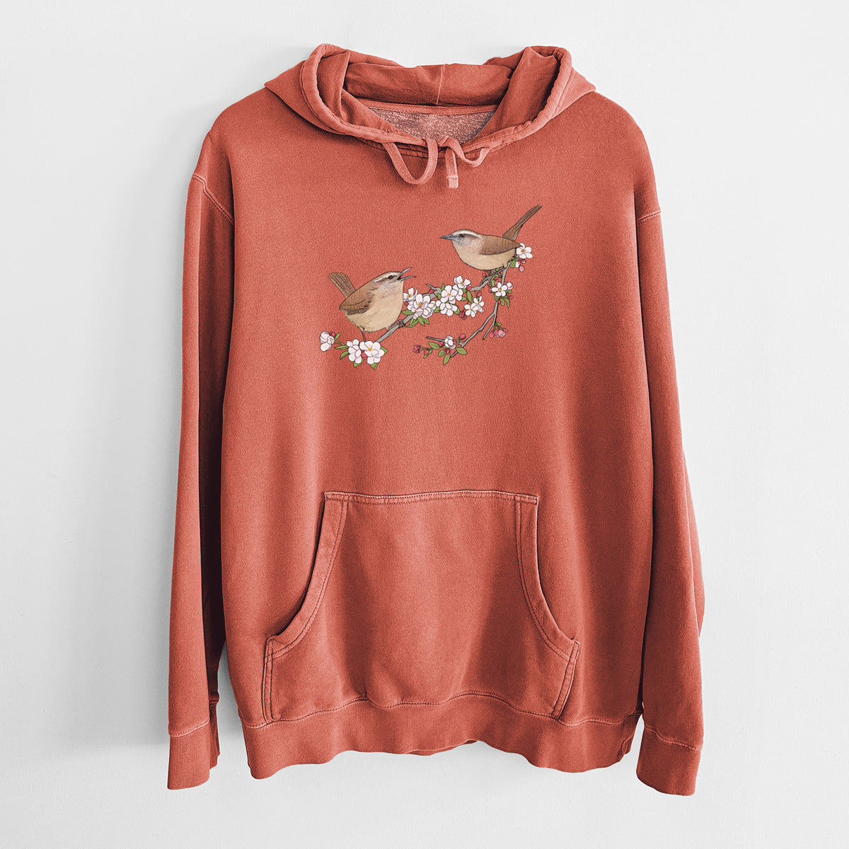 Spring Carolina Wrens on a Blooming Crabtree Branch - Unisex Pigment Dyed Hoodie