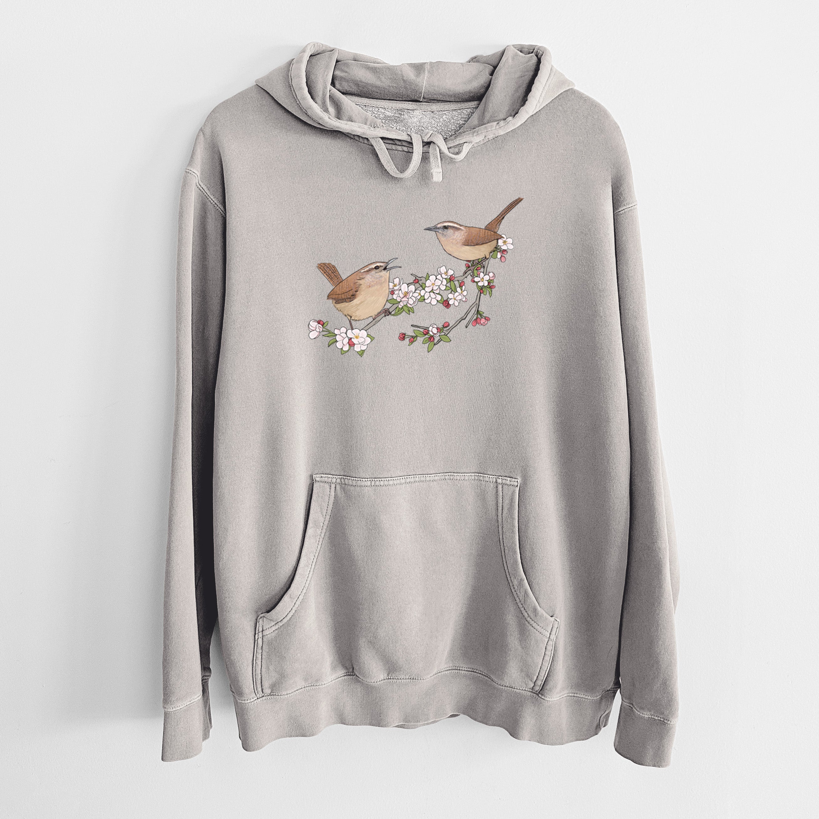Spring Carolina Wrens on a Blooming Crabtree Branch - Unisex Pigment Dyed Hoodie
