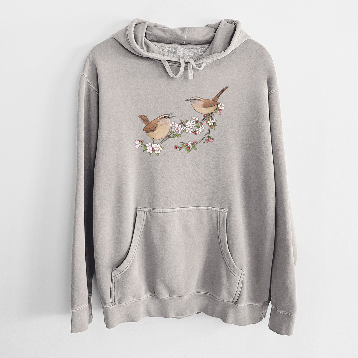 Spring Carolina Wrens on a Blooming Crabtree Branch - Unisex Pigment Dyed Hoodie