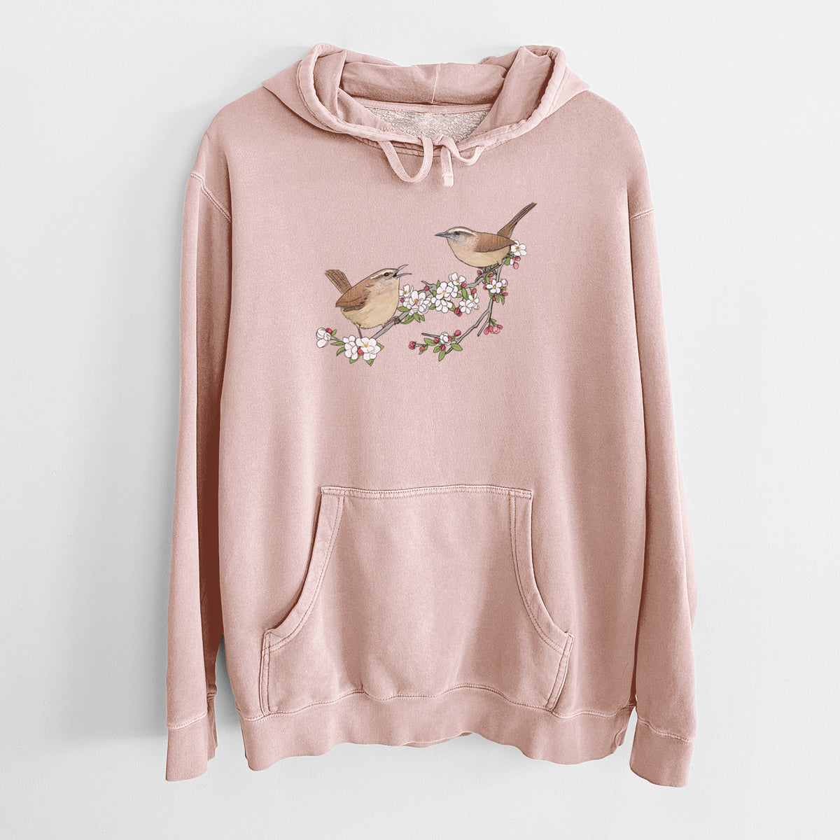 Spring Carolina Wrens on a Blooming Crabtree Branch - Unisex Pigment Dyed Hoodie
