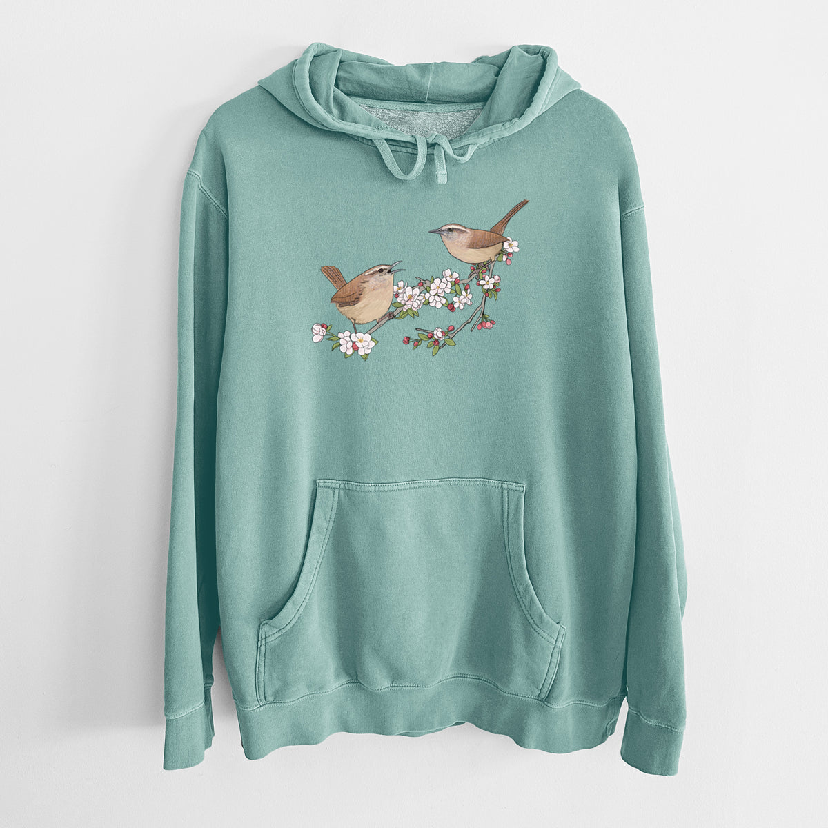 Spring Carolina Wrens on a Blooming Crabtree Branch - Unisex Pigment Dyed Hoodie
