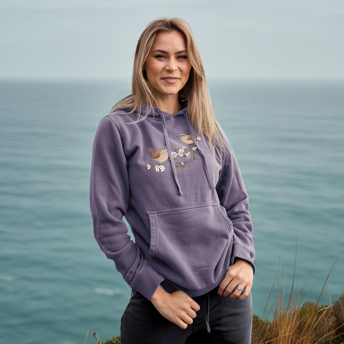 Spring Carolina Wrens on a Blooming Crabtree Branch - Unisex Pigment Dyed Hoodie
