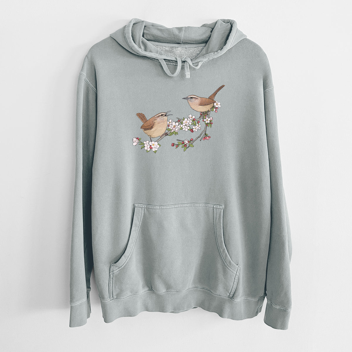 Spring Carolina Wrens on a Blooming Crabtree Branch - Unisex Pigment Dyed Hoodie