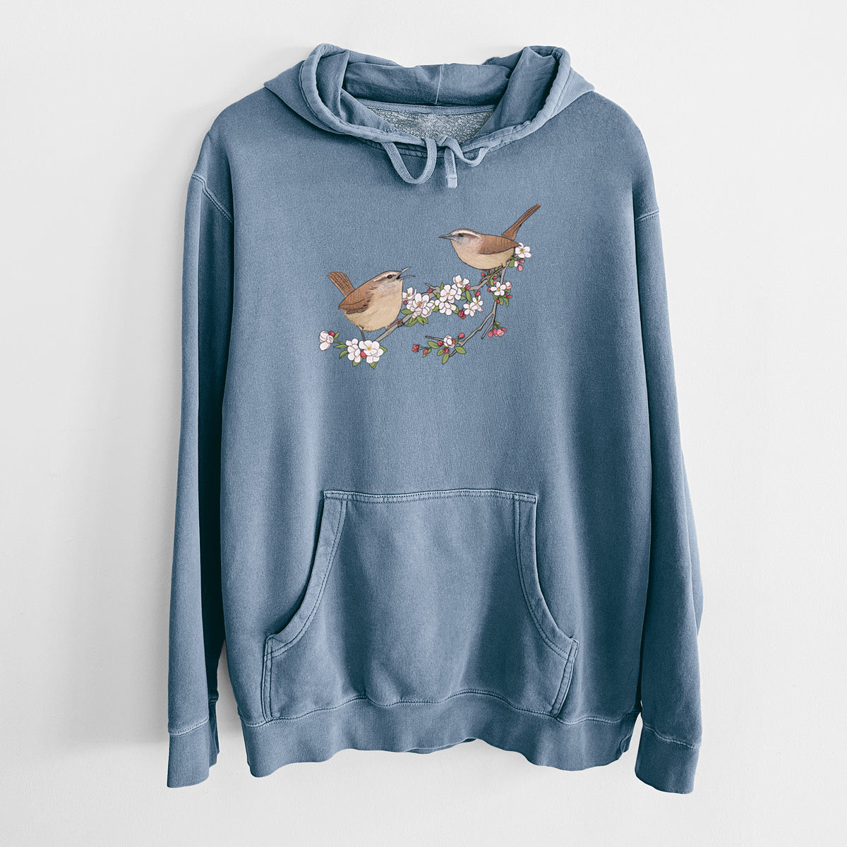 Spring Carolina Wrens on a Blooming Crabtree Branch - Unisex Pigment Dyed Hoodie