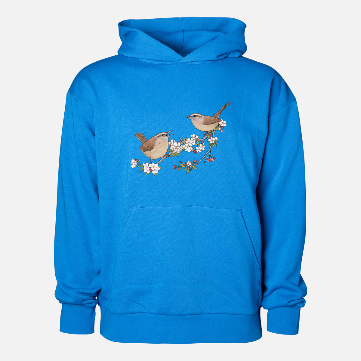 Spring Carolina Wrens on a Blooming Crabtree Branch - Statement Midweight Hoodie in Azure Blue, shown from the front with the design printed on the chest above a front kangaroo pocket.