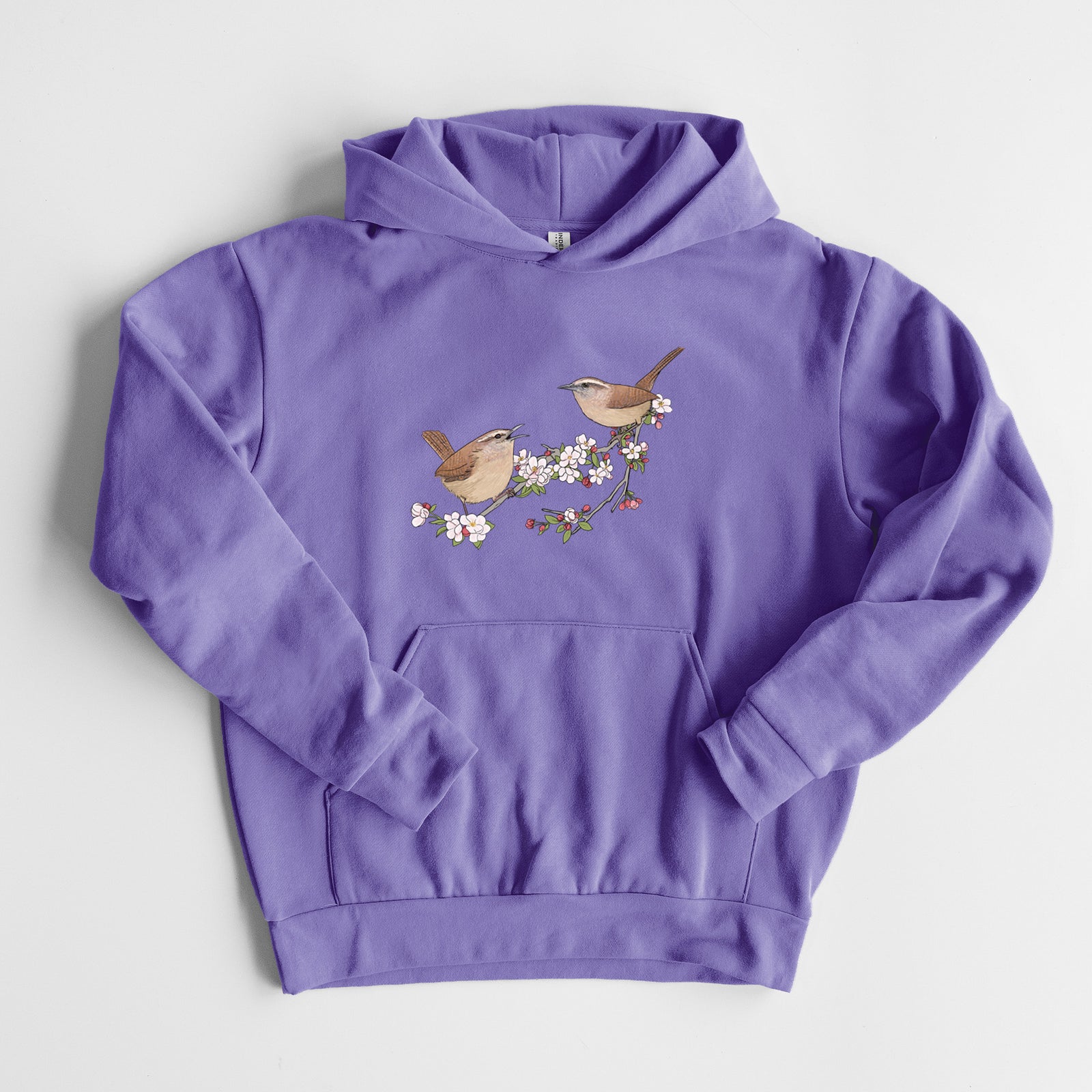 Spring Carolina Wrens on a Blooming Crabtree Branch - Statement Midweight Hoodie in Violet, laid flat, showing the oversized boxy fit and front kangaroo pocket.