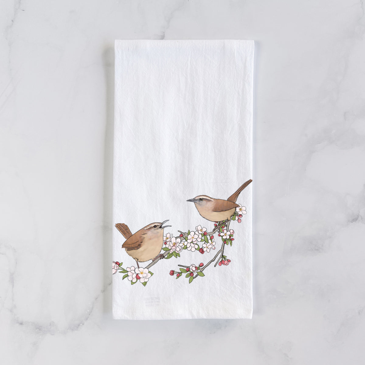 Spring Carolina Wrens on a Blooming Crabtree Branch - Tea Towel