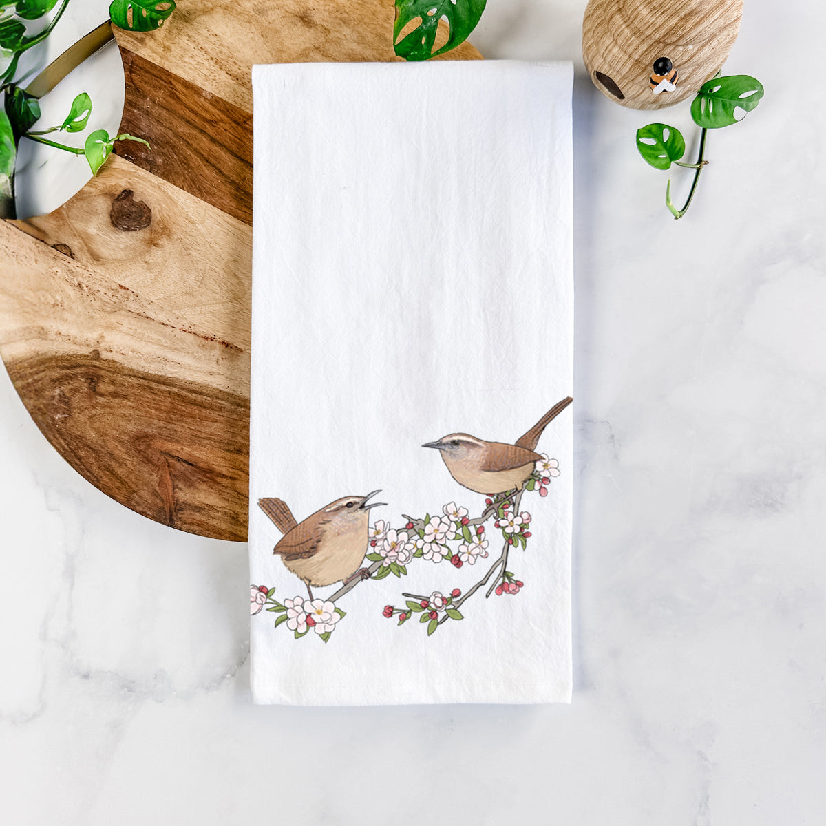 Spring Carolina Wrens on a Blooming Crabtree Branch - Tea Towel