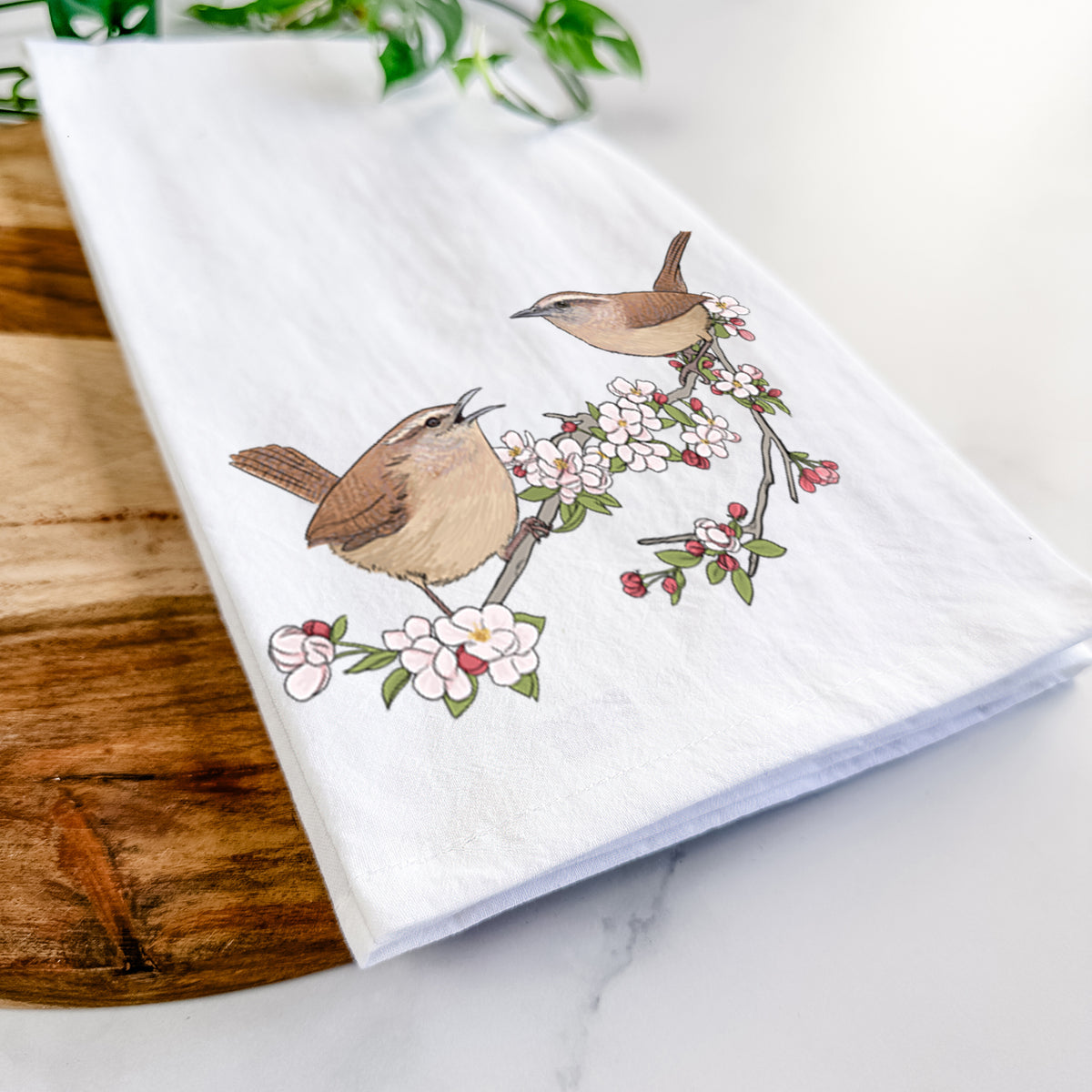 Spring Carolina Wrens on a Blooming Crabtree Branch - Tea Towel