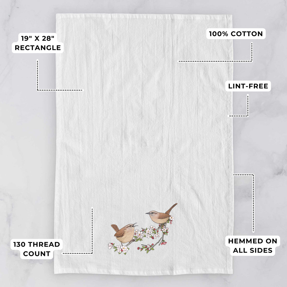 Spring Carolina Wrens on a Blooming Crabtree Branch - Tea Towel