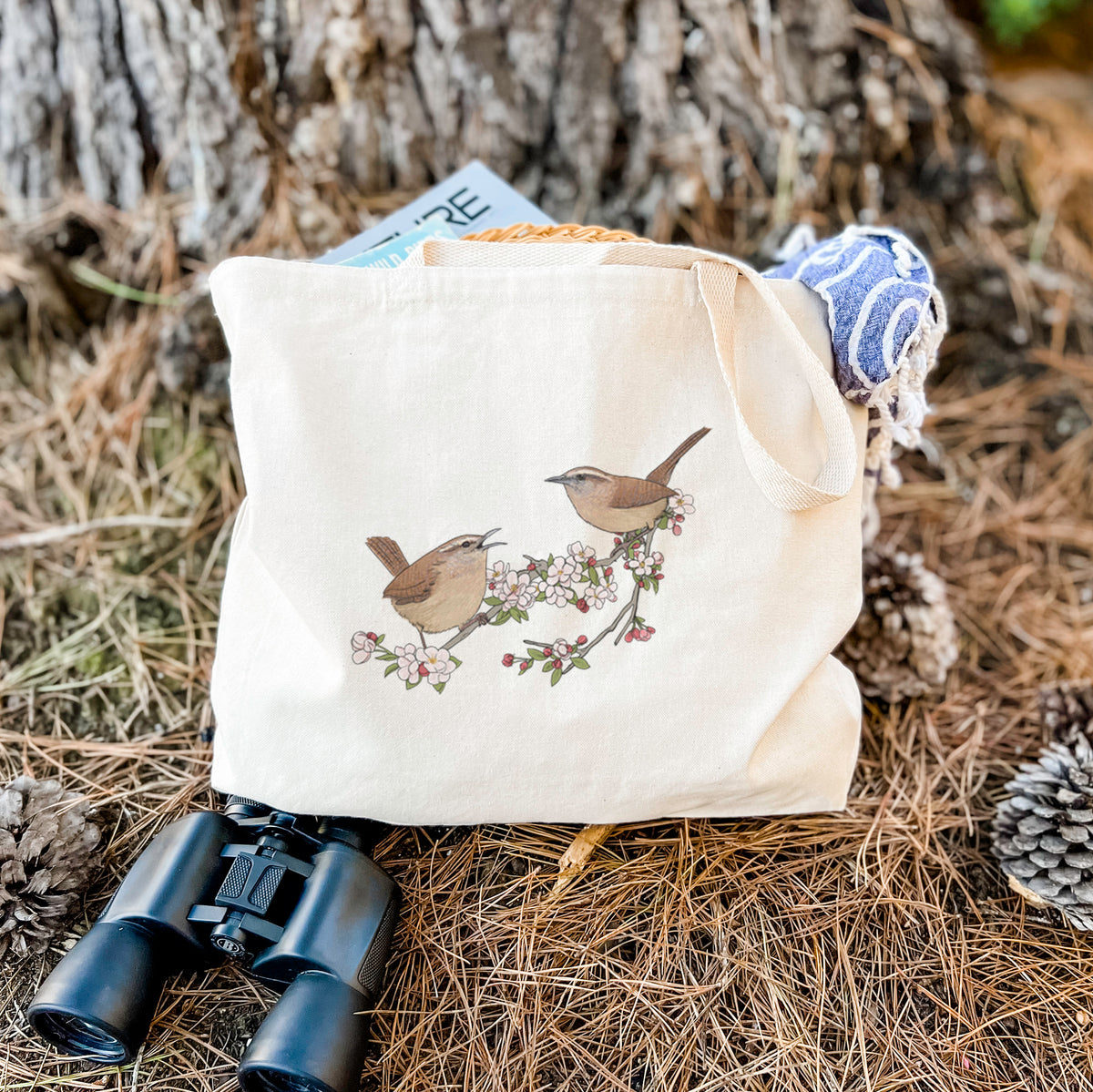 Spring Carolina Wrens on a Blooming Crabtree Branch - Tote Bag