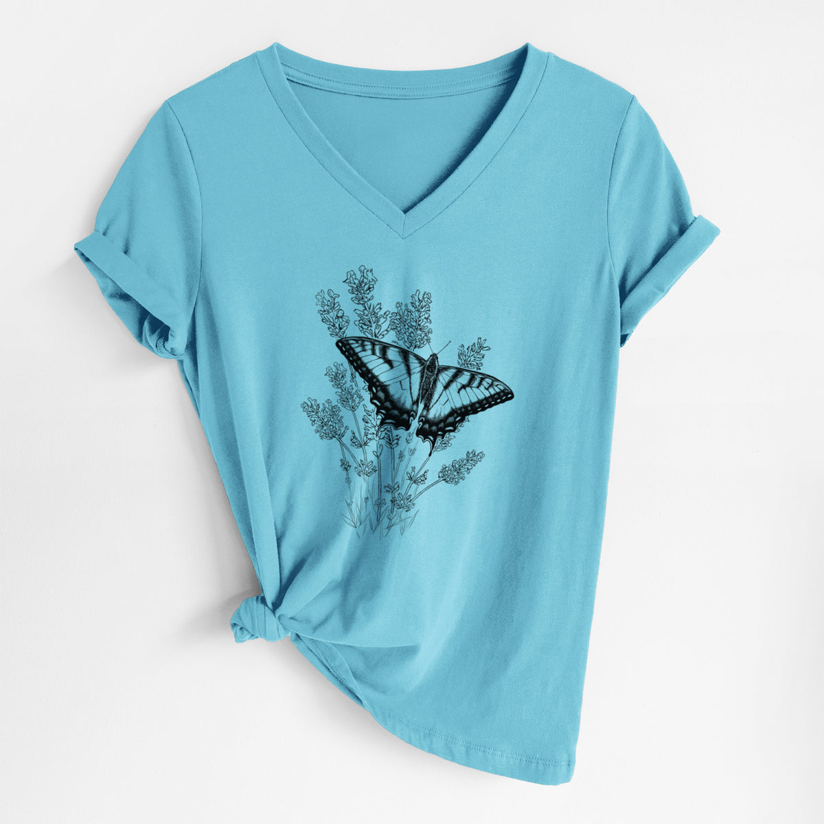 Eastern Tiger Swallowtail with Lavender - Women&#39;s Lightweight Relaxed Fit 100% Cotton V-neck