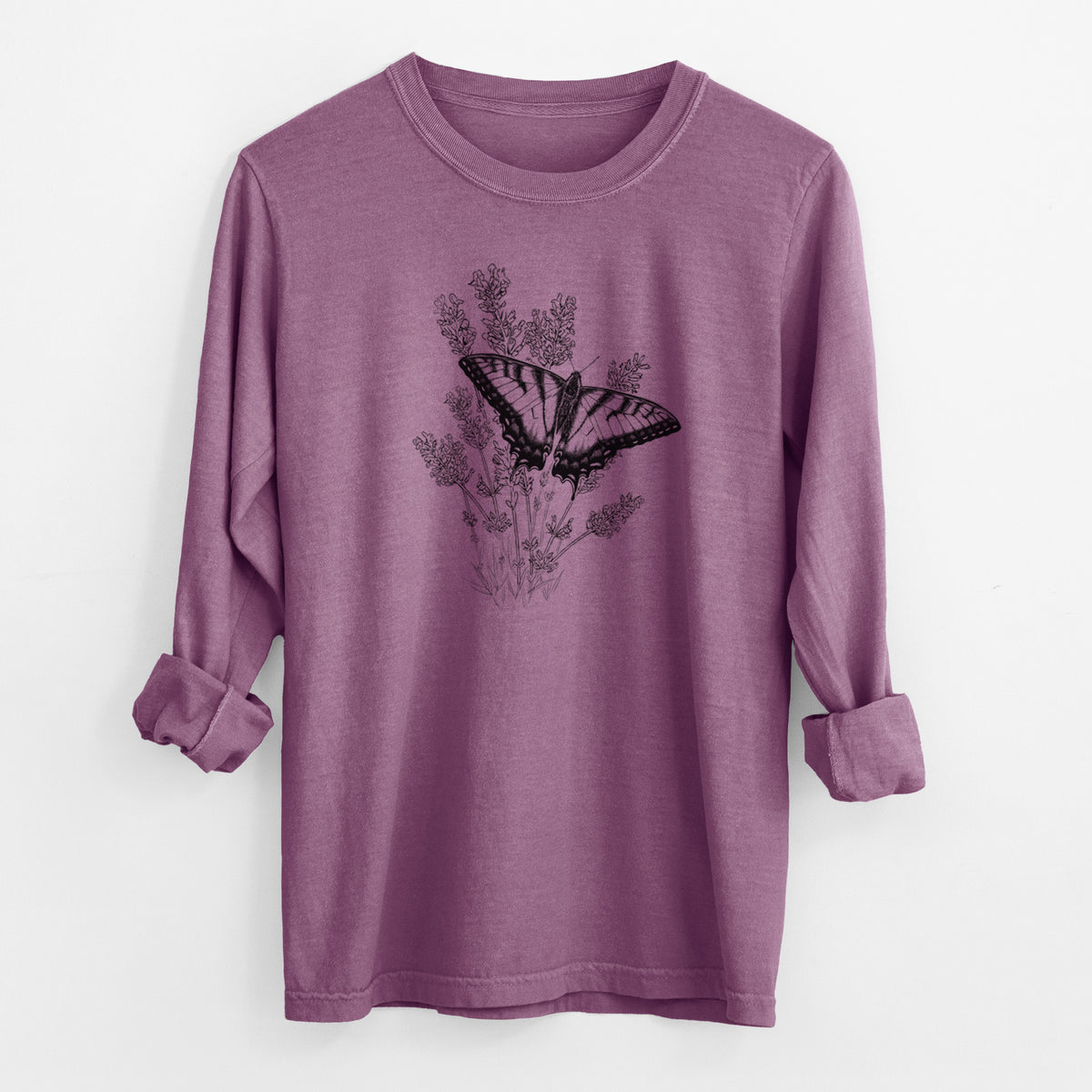 Eastern Tiger Swallowtail with Lavender - Men&#39;s Heavyweight 100% Cotton Long Sleeve