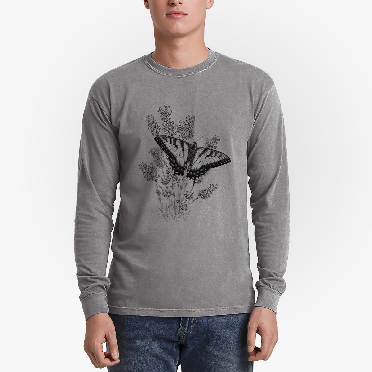 Eastern Tiger Swallowtail with Lavender - Men&#39;s Heavyweight 100% Cotton Long Sleeve