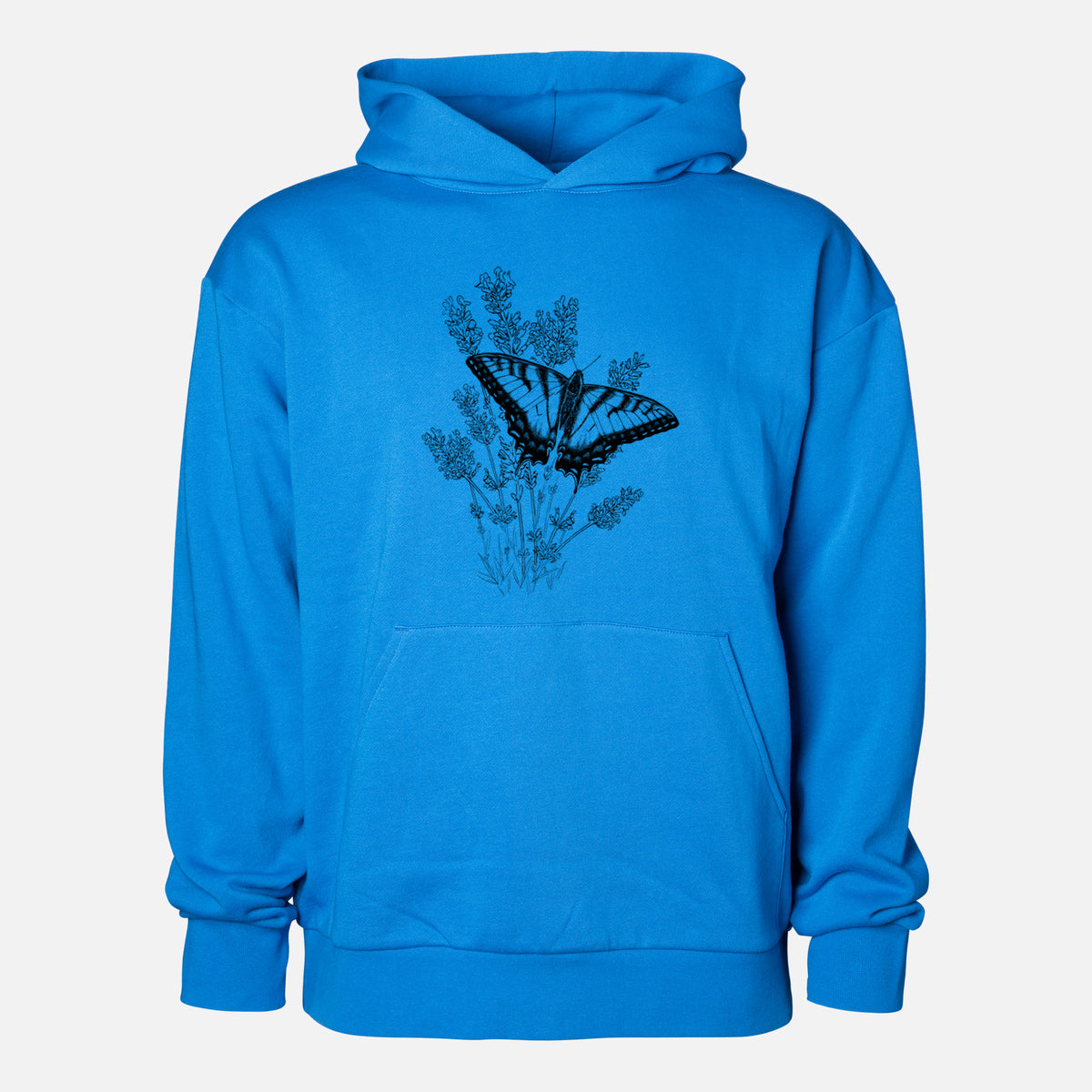 Eastern Tiger Swallowtail with Lavender - Statement Midweight Hoodie in Azure Blue, shown from the front with the design printed on the chest above a front kangaroo pocket.