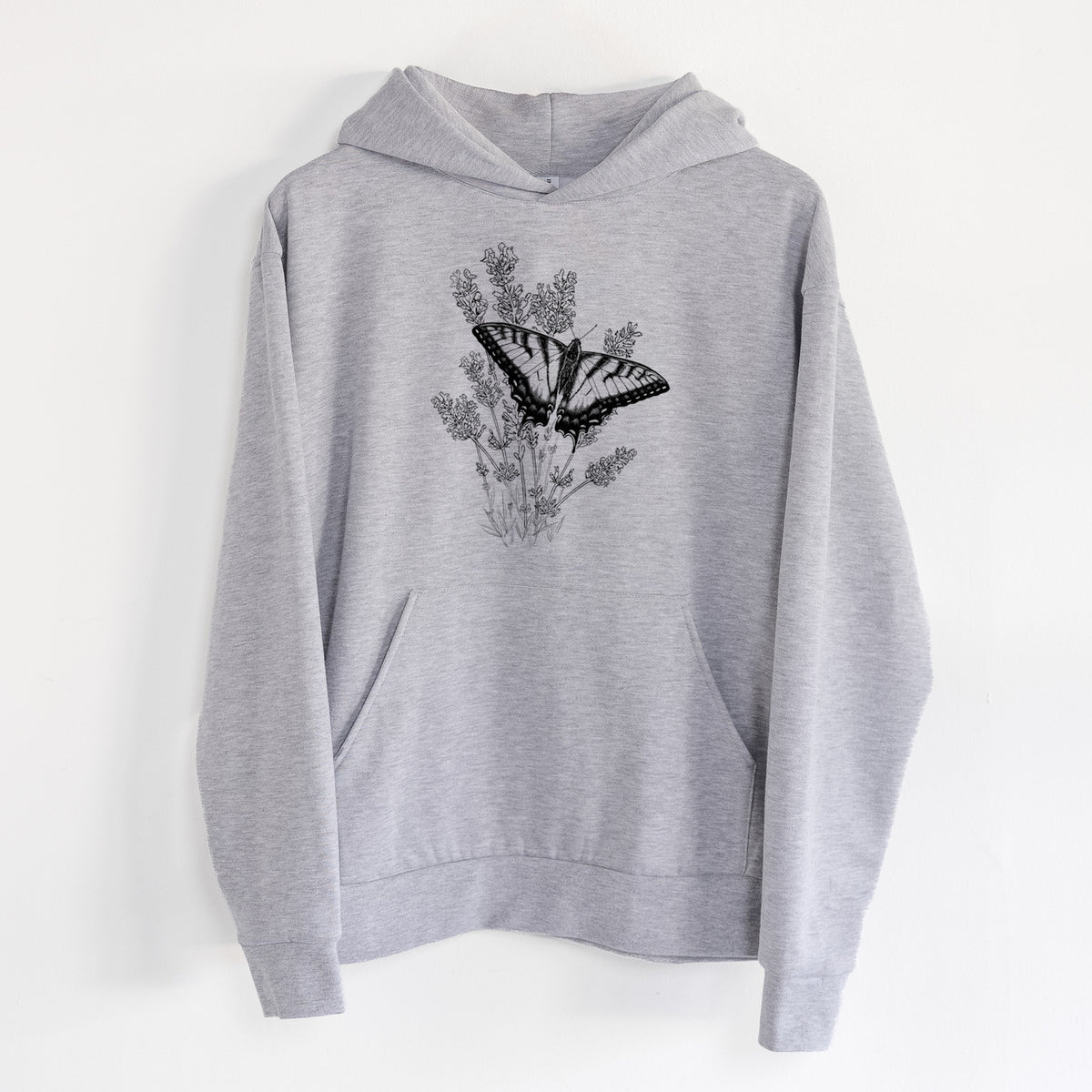 Eastern Tiger Swallowtail with Lavender - Statement Midweight Hoodie in Heather Grey, hanging on a white wall, with a front kangaroo pocket and no drawcords.