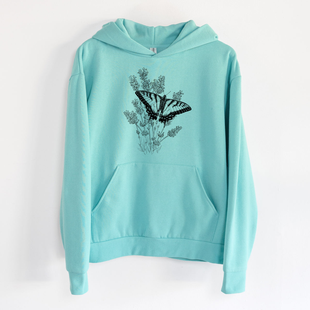 Eastern Tiger Swallowtail with Lavender - Statement Midweight Hoodie in Seafoam, hanging on a white wall, with a front kangaroo pocket and no drawcords.