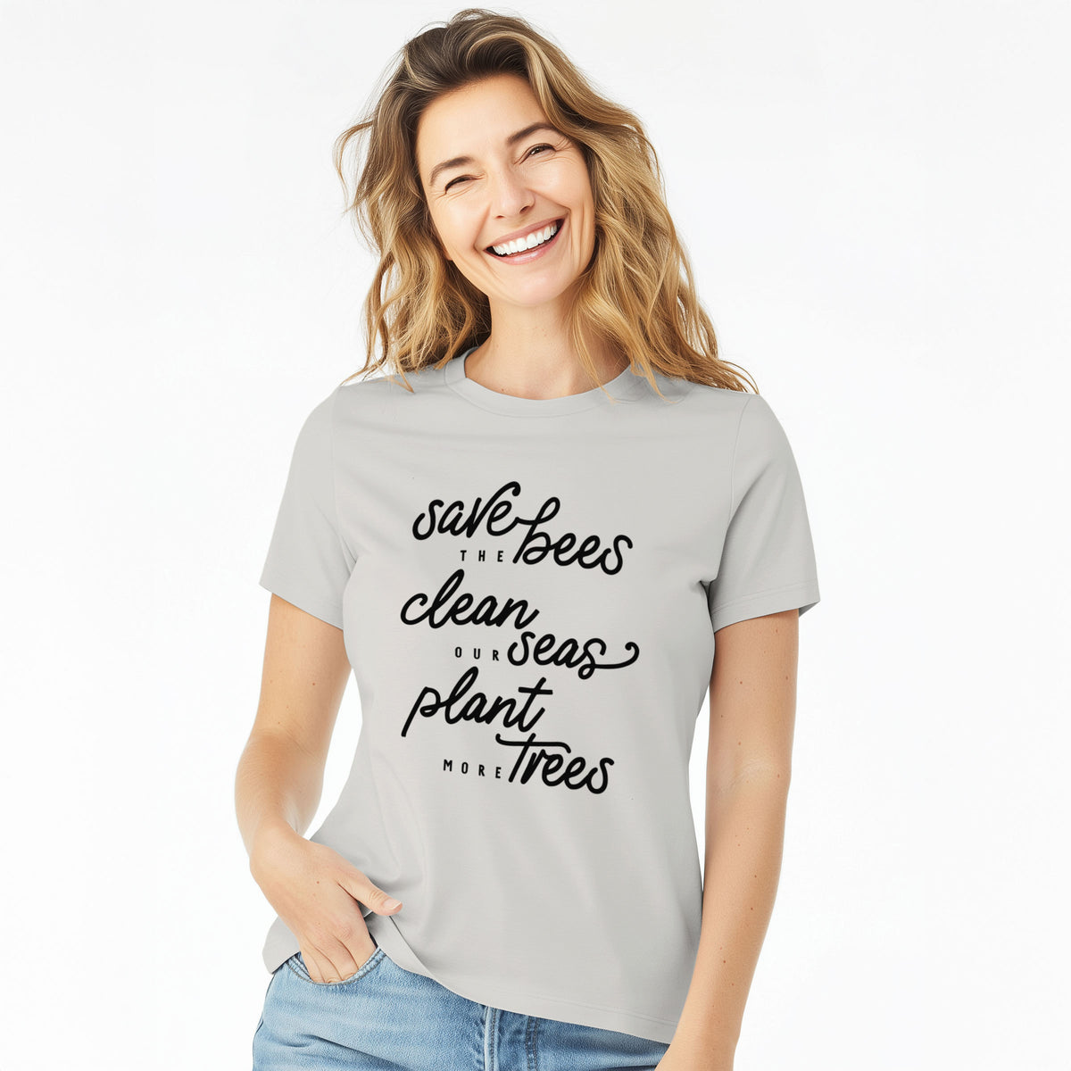 Bees Seas Trees - Typography - Women&#39;s Lightweight Relaxed Fit 100% Cotton Crewneck