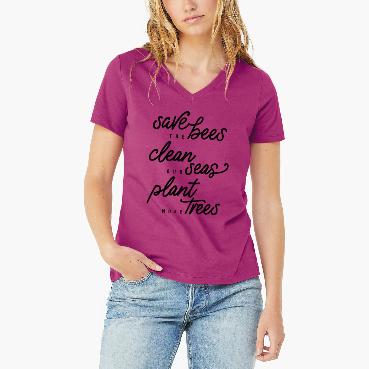 Bees Seas Trees - Typography - Women&#39;s Lightweight Relaxed Fit 100% Cotton V-neck