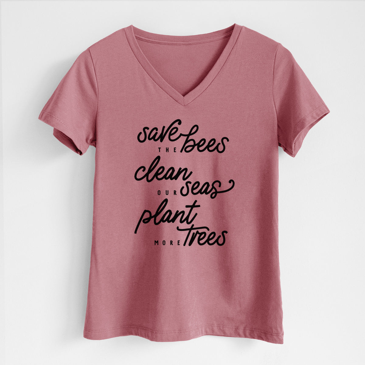 Bees Seas Trees - Typography - Women&#39;s Lightweight Relaxed Fit 100% Cotton V-neck