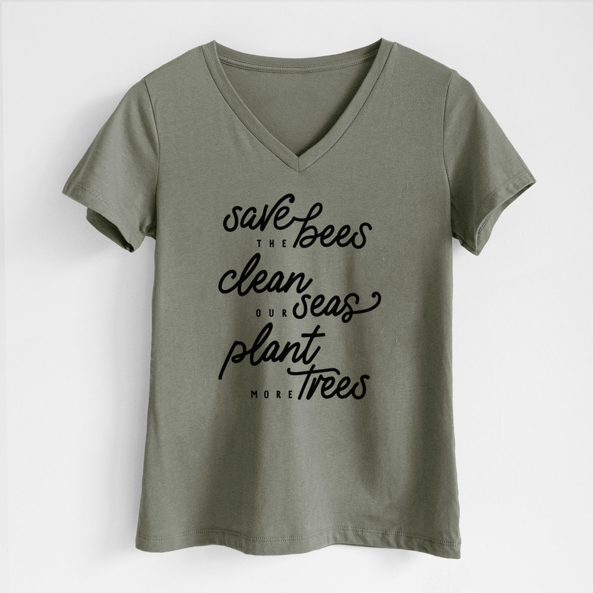 Bees Seas Trees - Typography - Women&#39;s Lightweight Relaxed Fit 100% Cotton V-neck