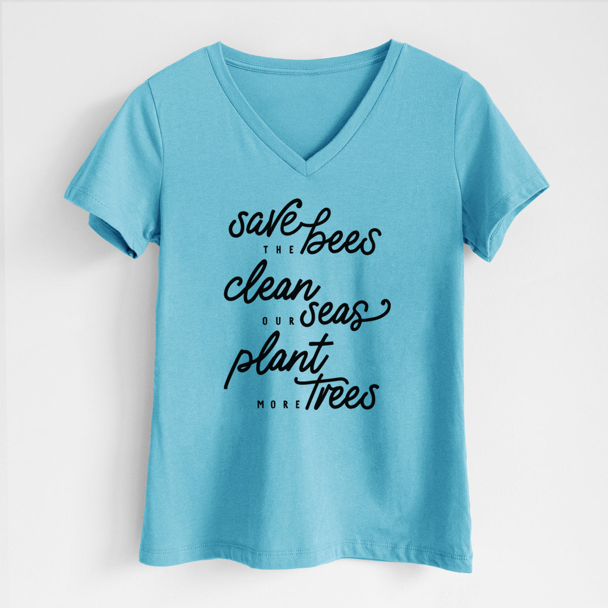Bees Seas Trees - Typography - Women&#39;s Lightweight Relaxed Fit 100% Cotton V-neck