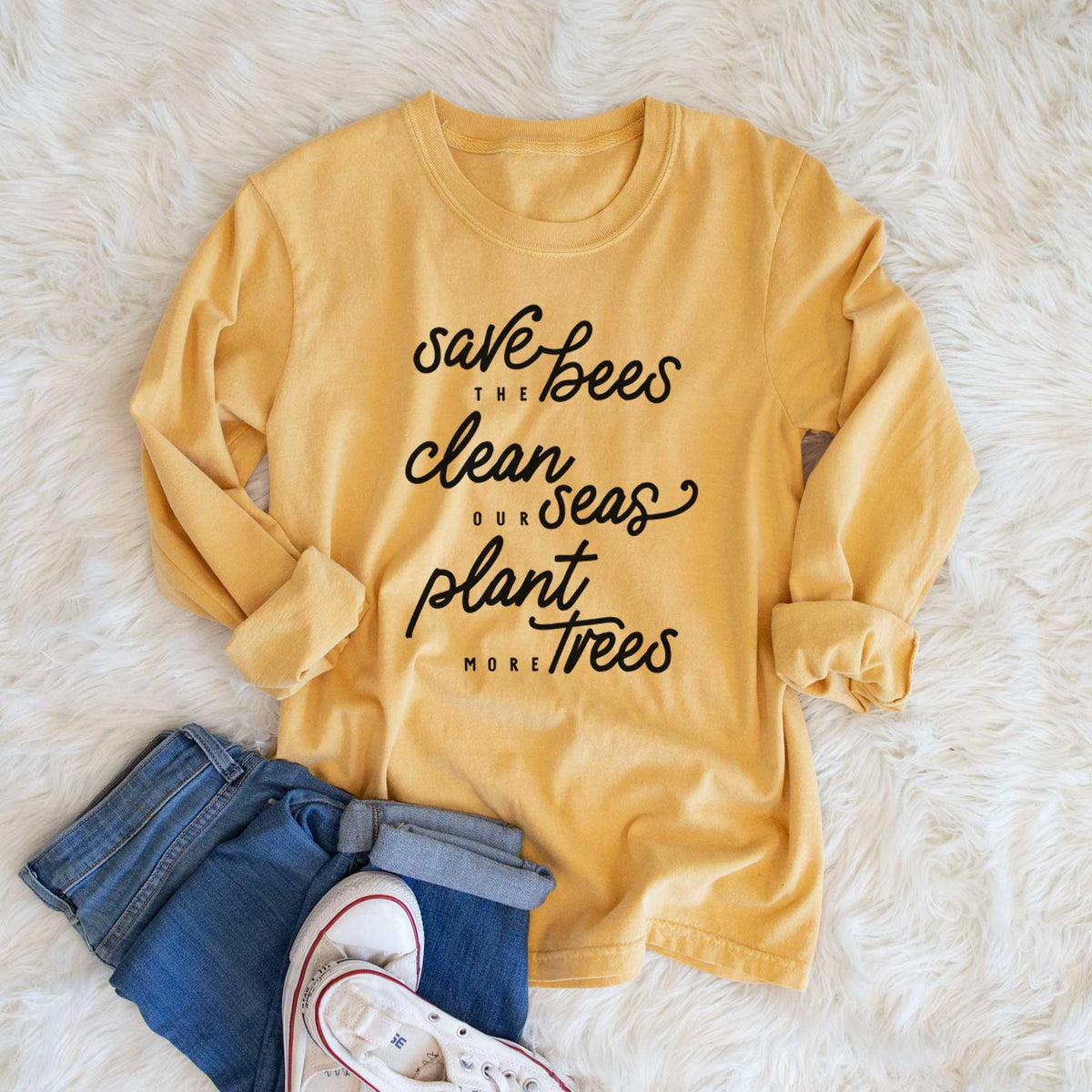 Bees Seas Trees - Typography - Men&#39;s Heavyweight 100% Cotton Long Sleeve