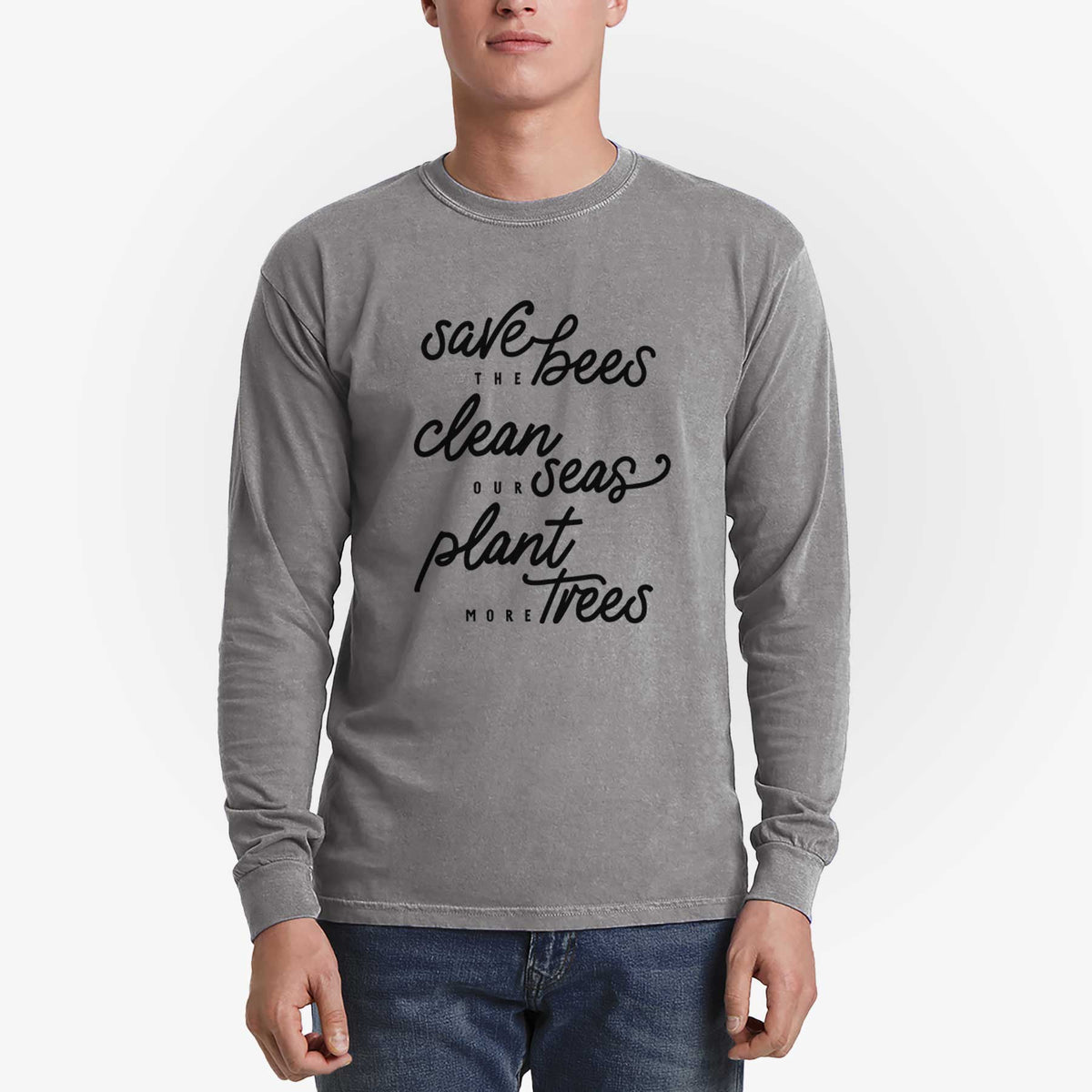 Bees Seas Trees - Typography - Men&#39;s Heavyweight 100% Cotton Long Sleeve