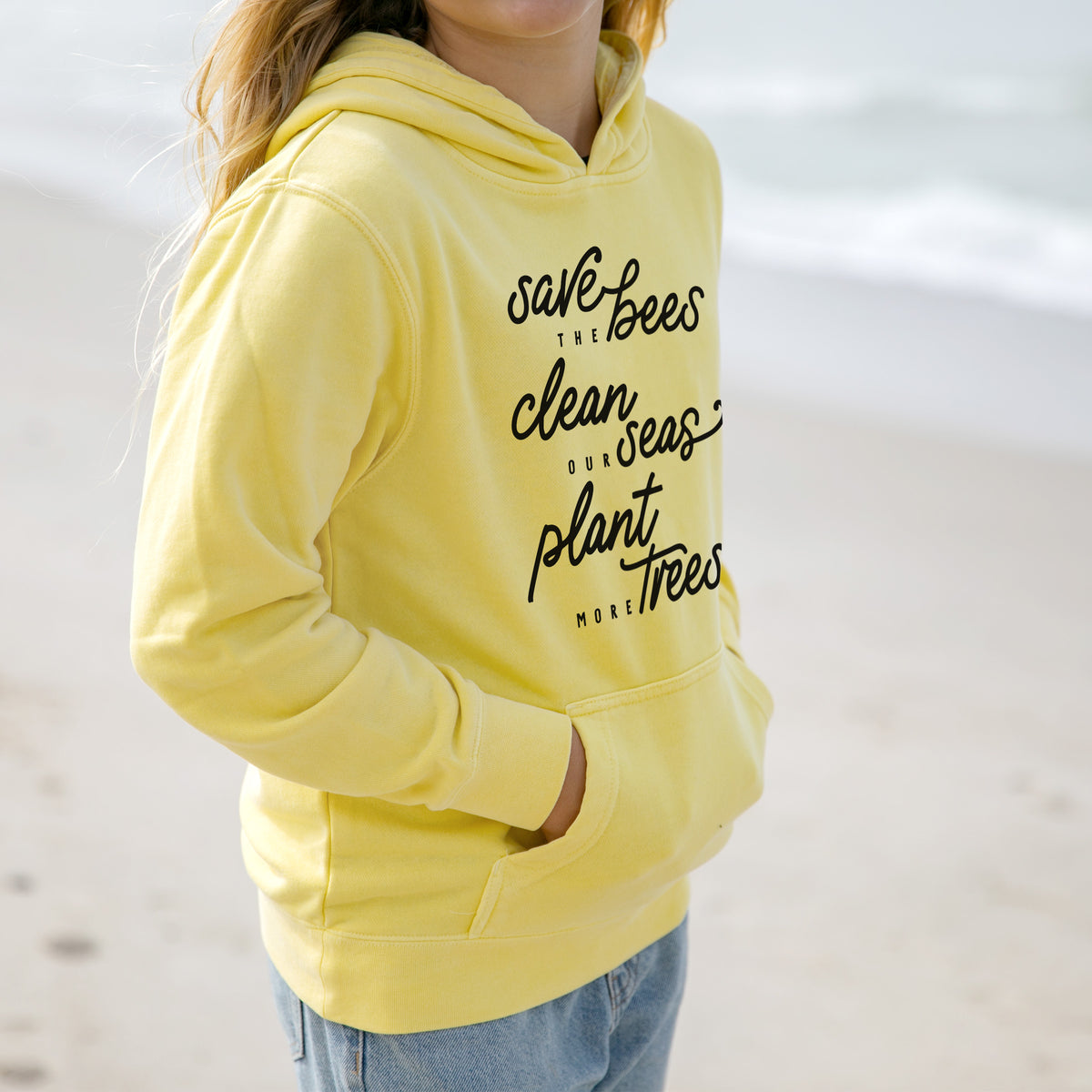 Bees Seas Trees - Typography - Youth Pigment Dyed Hoodie