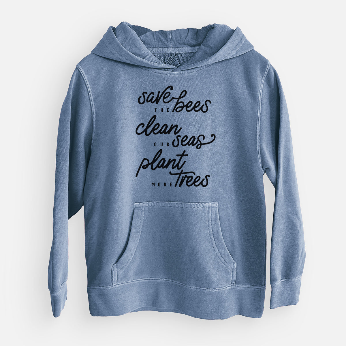 Bees Seas Trees - Typography - Youth Pigment Dyed Hoodie