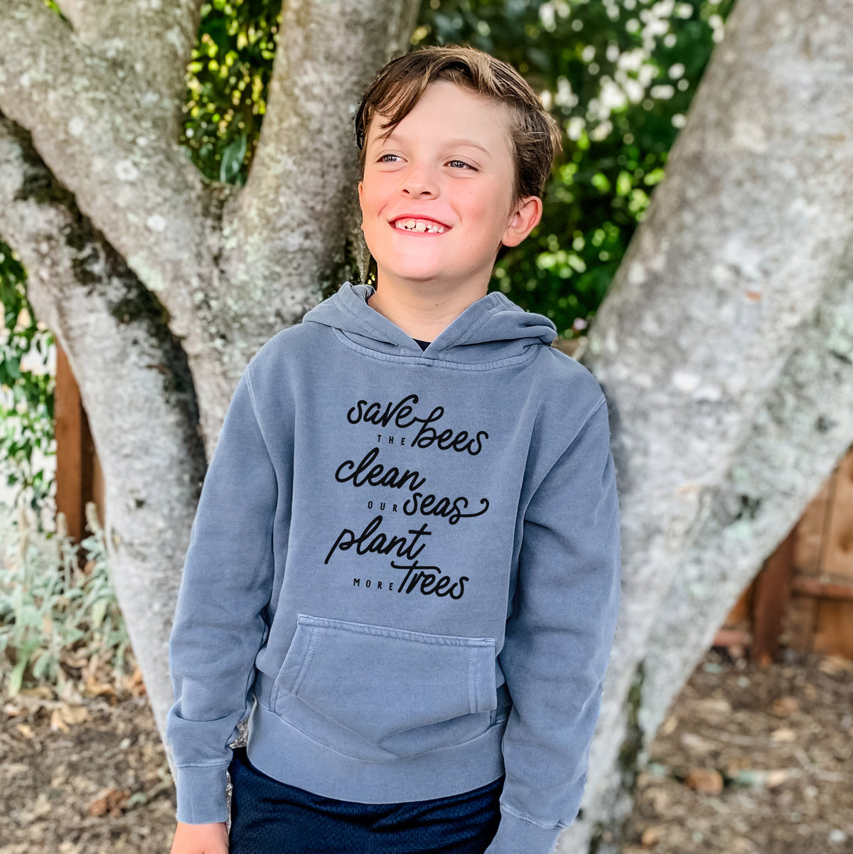 Bees Seas Trees - Typography - Youth Pigment Dyed Hoodie