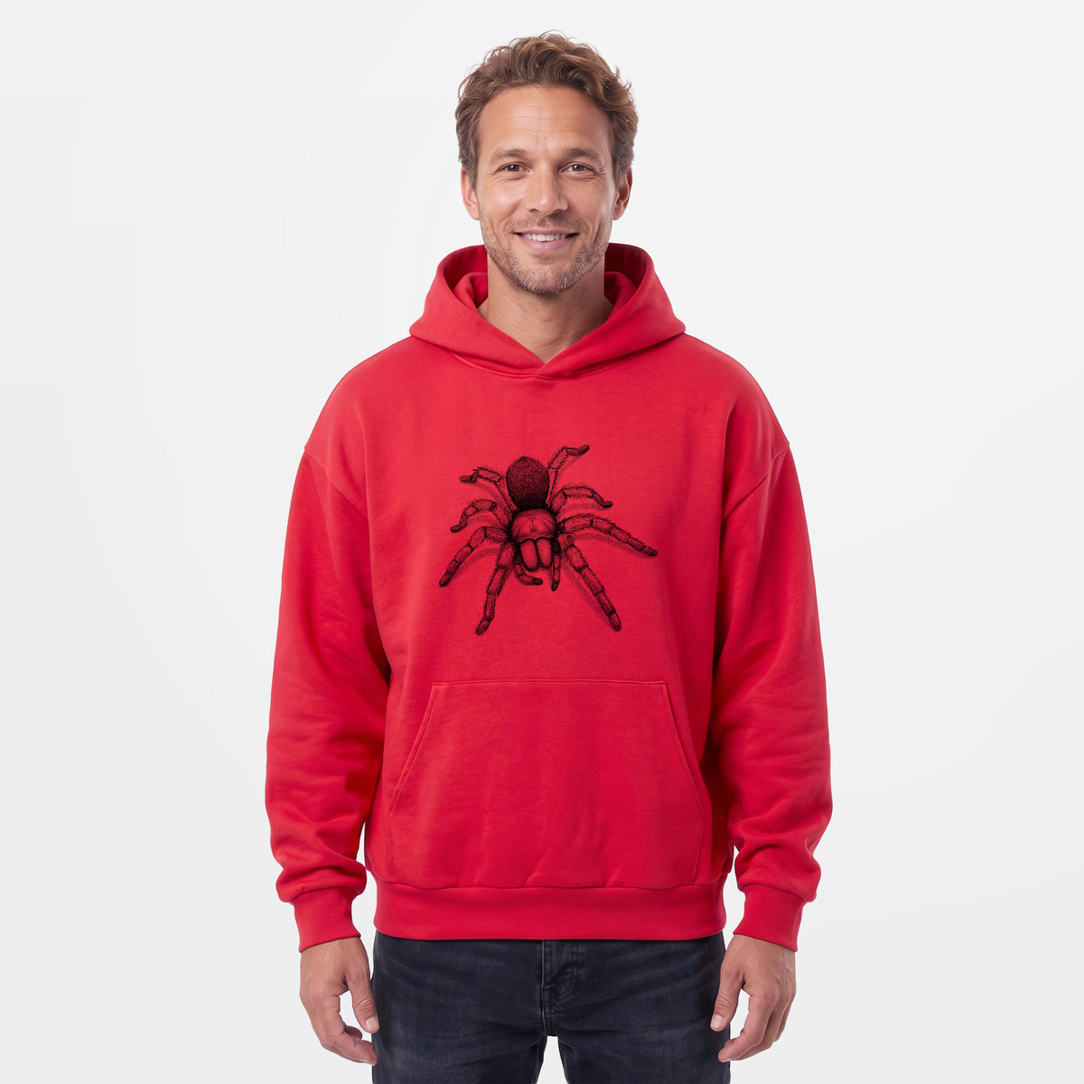 Male model wearing the Desert Blonde Tarantula - Aphonopelma chalcodes - Statement Midweight Hoodie.