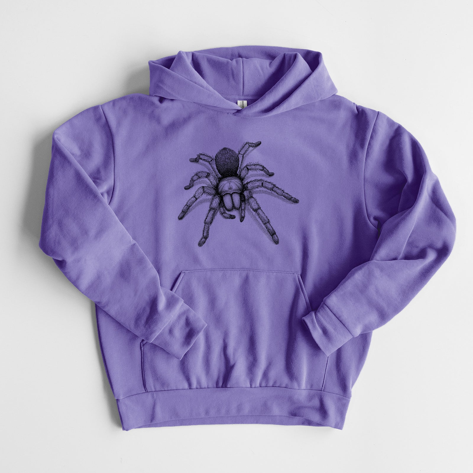 Desert Blonde Tarantula - Aphonopelma chalcodes - Statement Midweight Hoodie in Violet, laid flat, showing the oversized boxy fit and front kangaroo pocket.