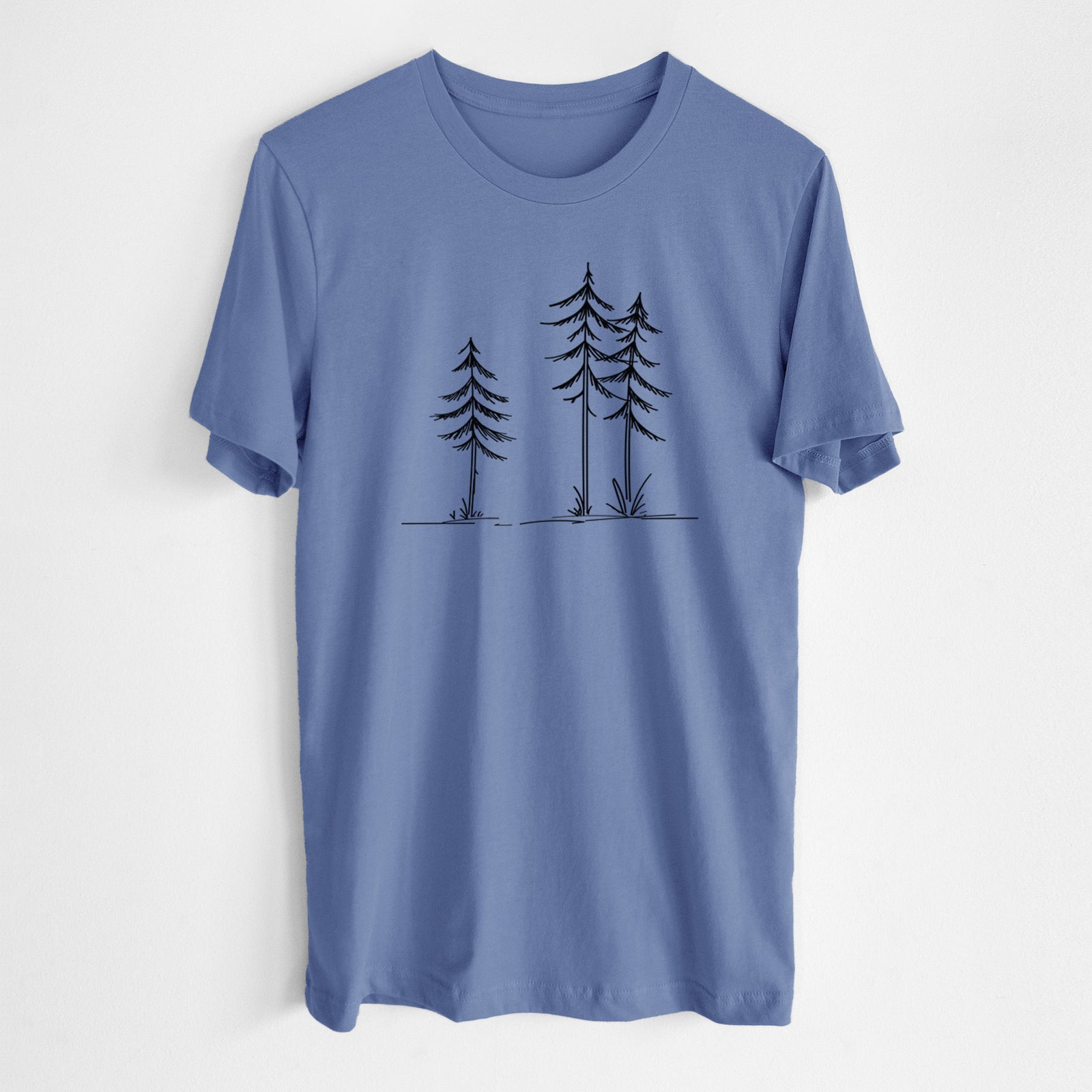 Three Pines - Lightweight 100% Cotton Unisex Crewneck in Blue Bell, worn by model