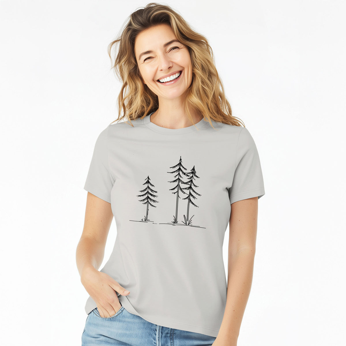Three Pines - Women's Lightweight Relaxed Fit 100% Cotton Crewneck in Lunar Grey, worn by model