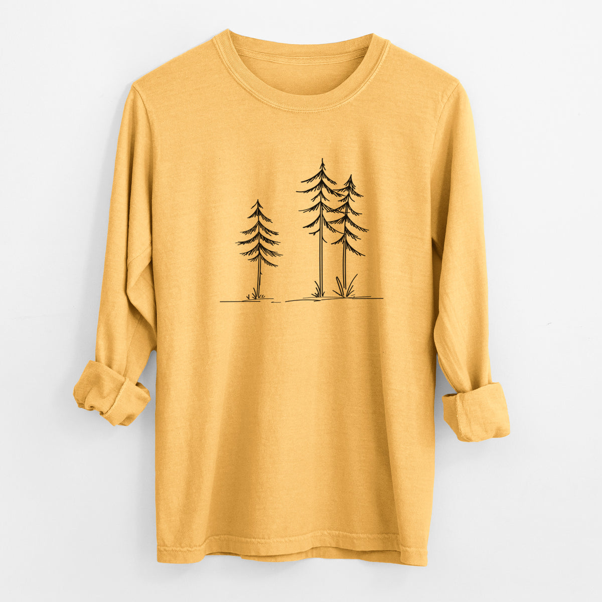 Three Pines - Unisex Comfort Colors 100% Cotton Long Sleeve in Golden Wheat, worn by model