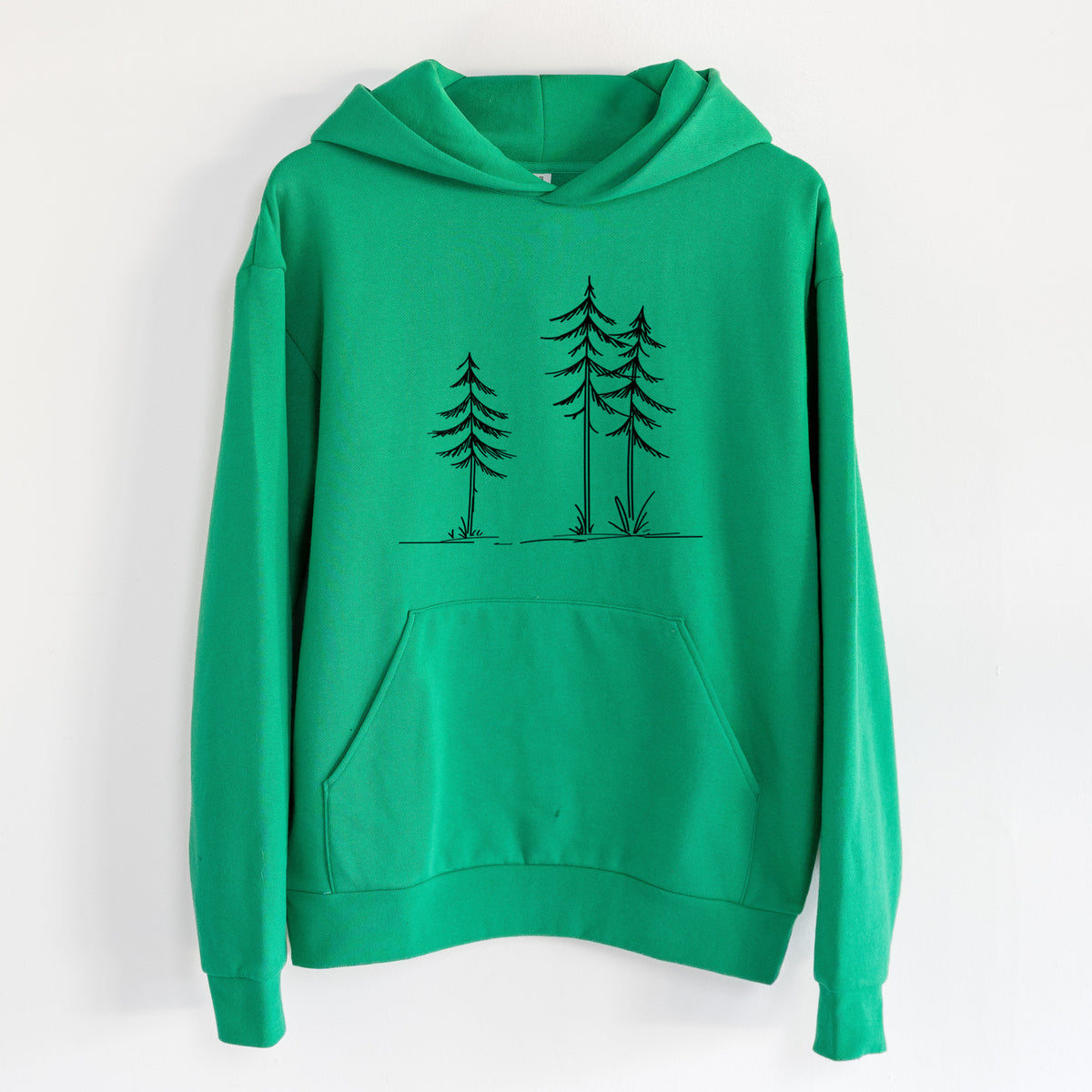 Three Pines - Statement Midweight Hoodie in Kelly Green, hanging on a white wall, with a front kangaroo pocket and no drawcords.