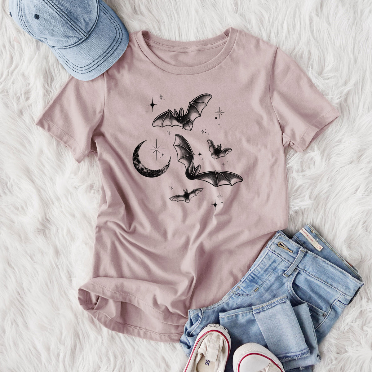 Townsend's Bats Under a Crescent Moon - Women's Lightweight Relaxed Fit 100% Cotton Crewneck