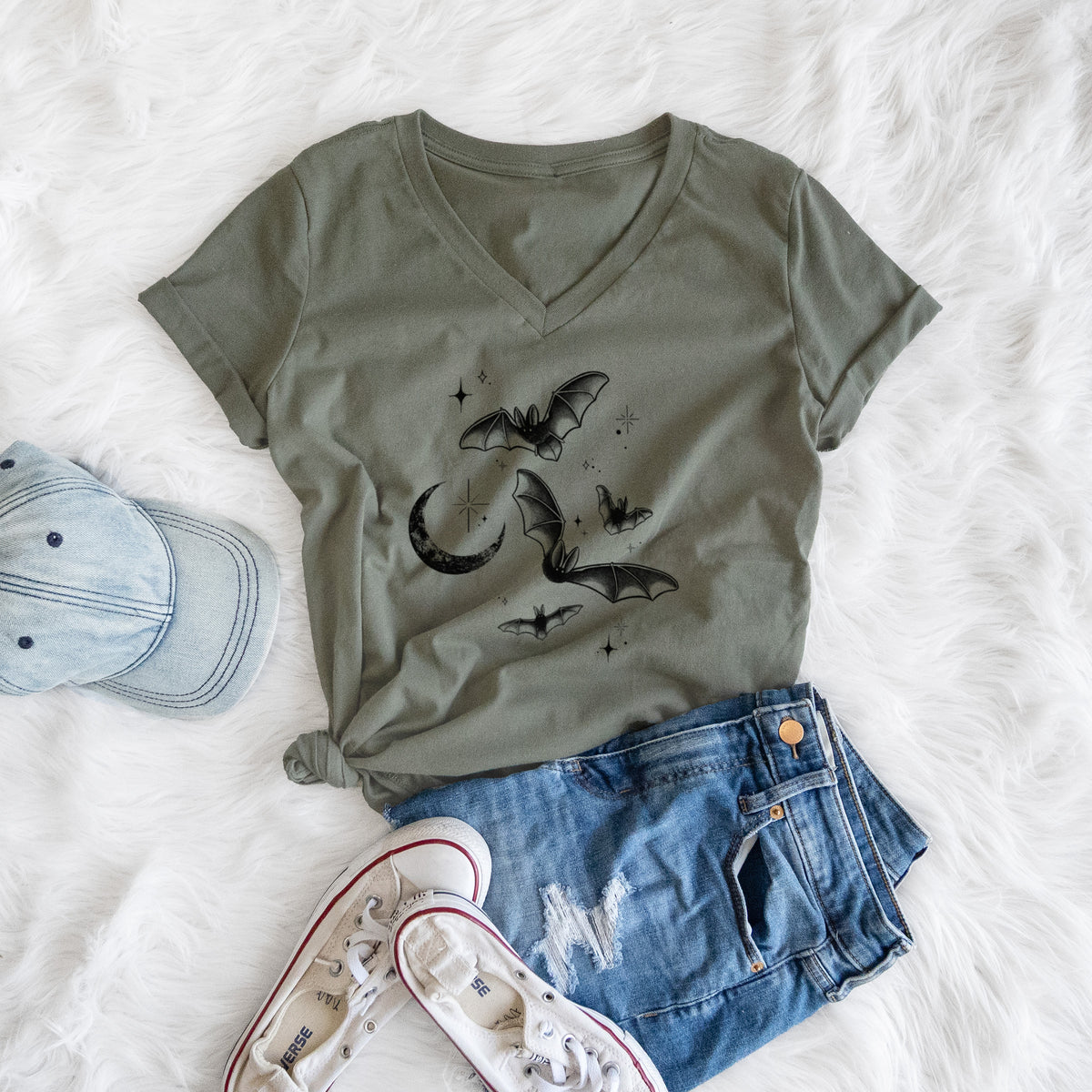 Townsend's Bats Under a Crescent Moon - Women's Lightweight Relaxed Fit 100% Cotton V-neck