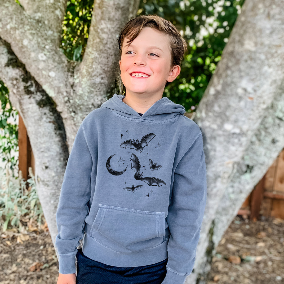 Townsend's Bats Under a Crescent Moon - Youth Pigment Dyed Hoodie