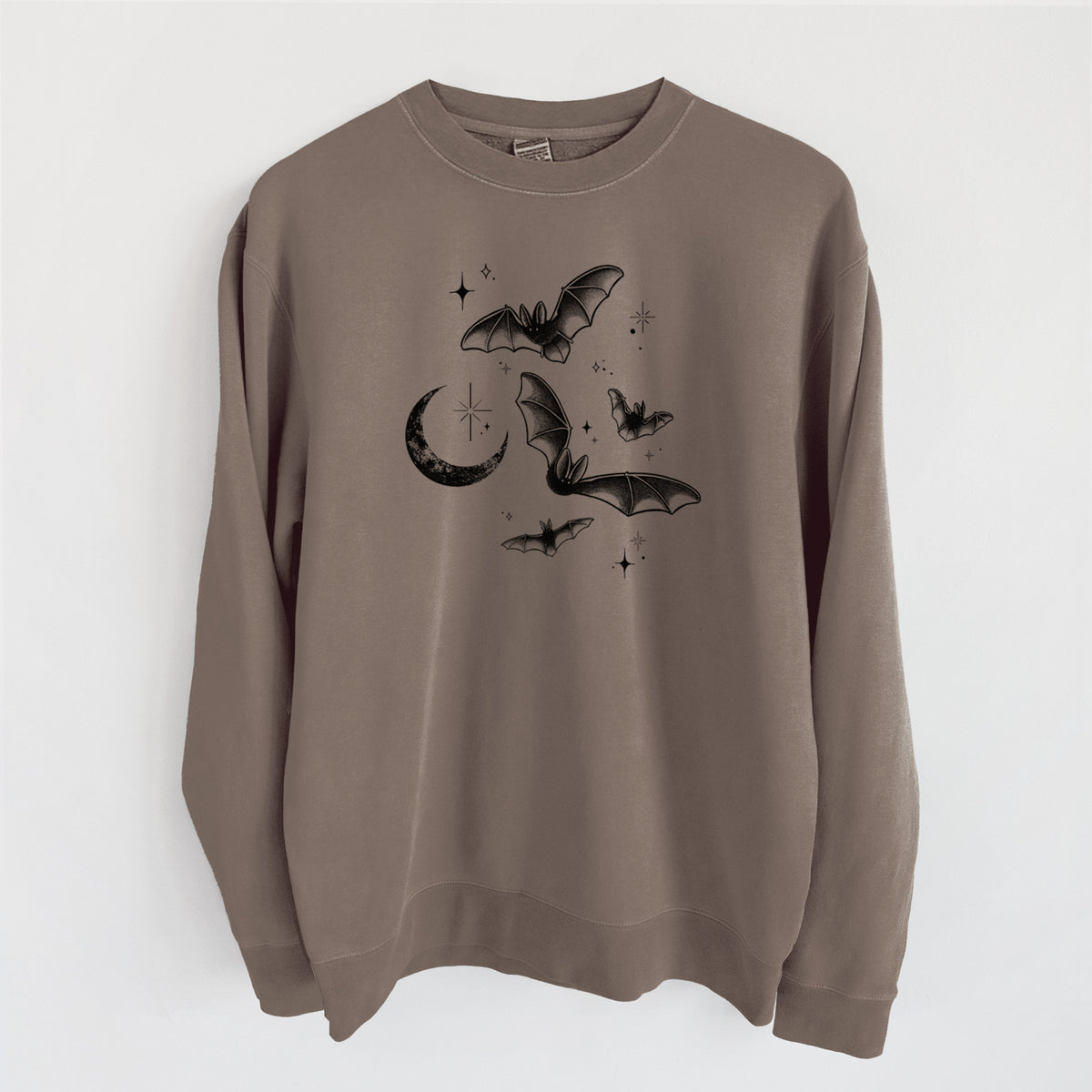 Townsend's Bats Under a Crescent Moon - Unisex Pigment Dyed Crew Sweatshirt in Espresso Brown Color