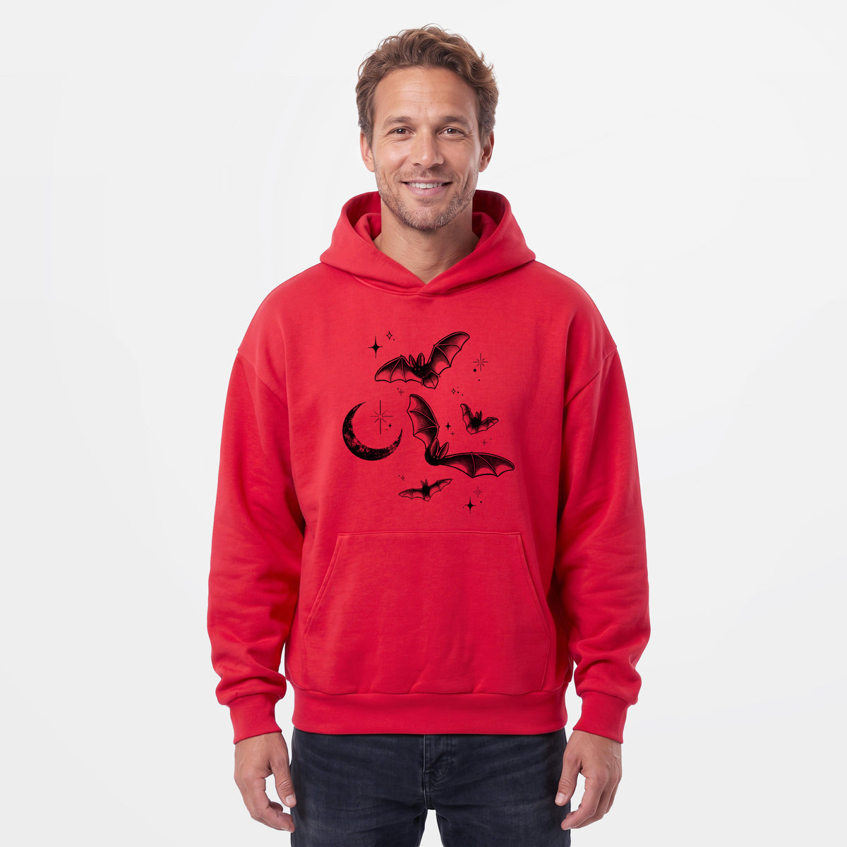 Male model wearing the Townsend's Bats Under a Crescent Moon - Statement Midweight Hoodie.