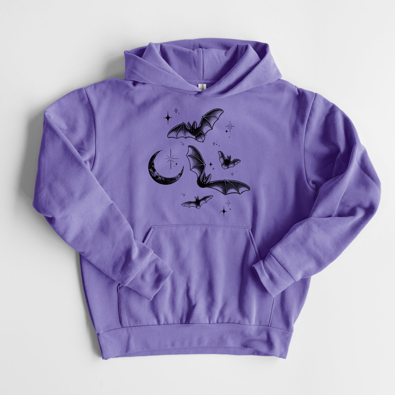 Townsend's Bats Under a Crescent Moon - Statement Midweight Hoodie in Violet, laid flat, showing the oversized boxy fit and front kangaroo pocket.