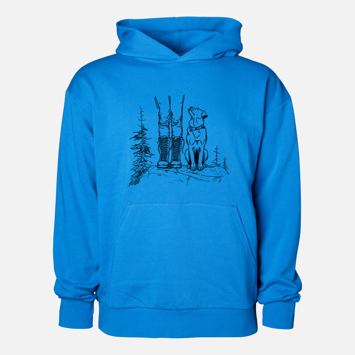 Trail Companions - Hiking with Dogs - Statement Midweight Hoodie in Azure Blue, shown from the front with the design printed on the chest above a front kangaroo pocket.