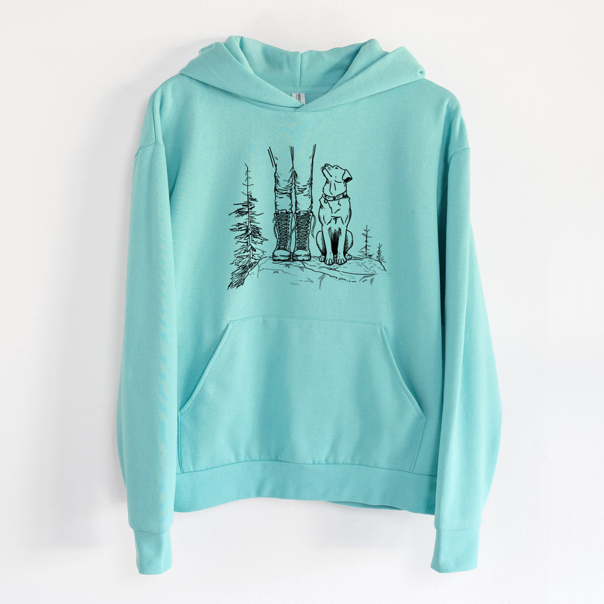 Trail Companions - Hiking with Dogs - Statement Midweight Hoodie in Seafoam, hanging on a white wall, with a front kangaroo pocket and no drawcords.